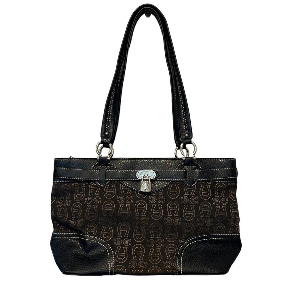 Etienne Aigner Handbag Shoulder Purse Signature Canvas Logo Leather‎ Brown Gold